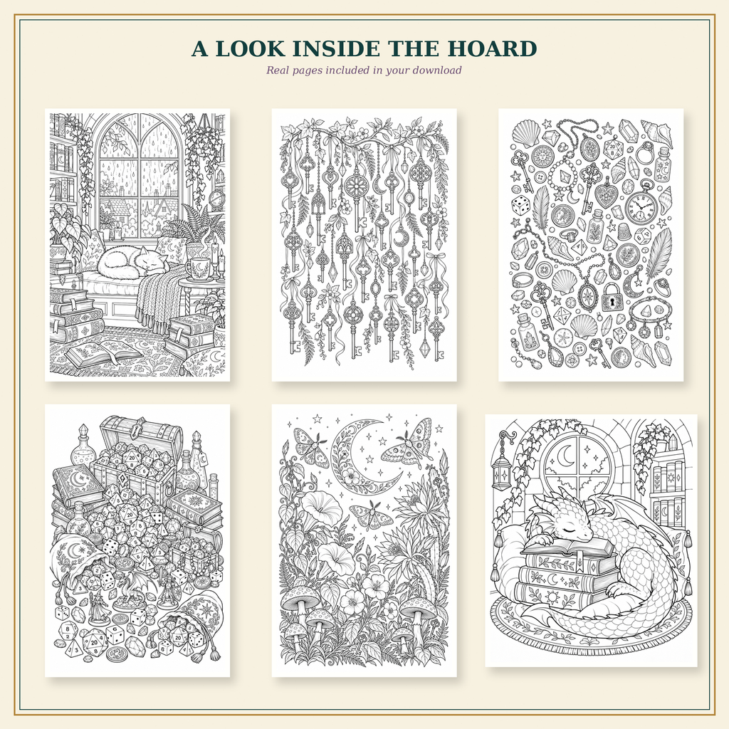 Curious Things | The Wayward Hoard 34-Page Printable Fantasy Coloring Book