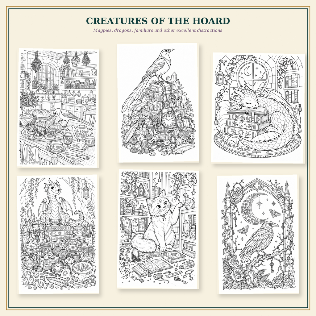 Curious Things | The Wayward Hoard 34-Page Printable Fantasy Coloring Book