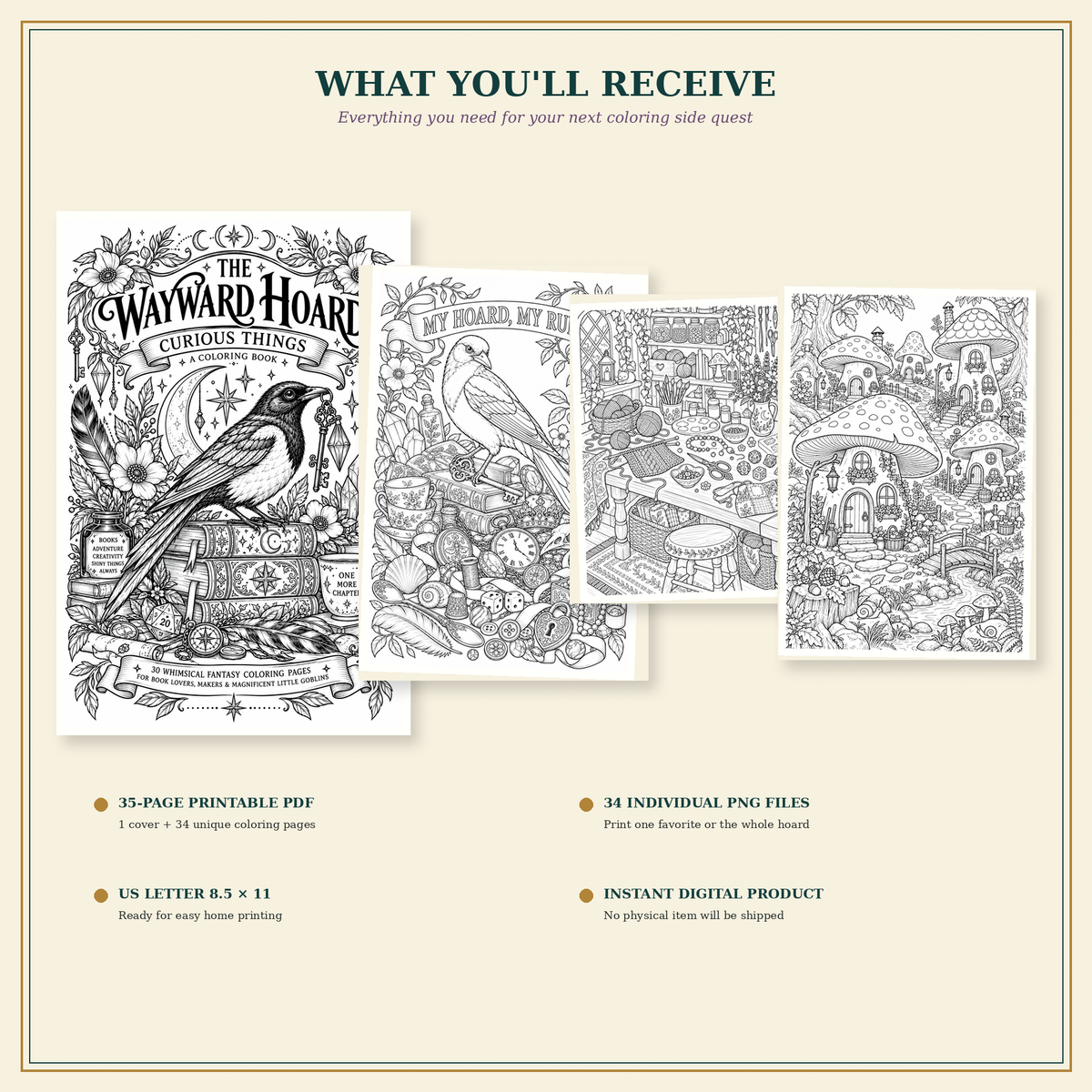 Curious Things | The Wayward Hoard 34-Page Printable Fantasy Coloring Book